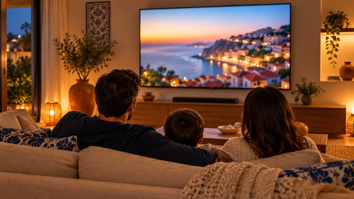 Família sentada no sofá a ver televisão numa sala