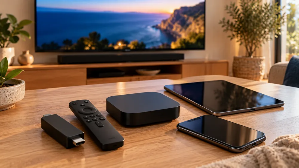Dispositivos para ver IPTV: stick HDMI, box, telecomando, tablet e telemóvel