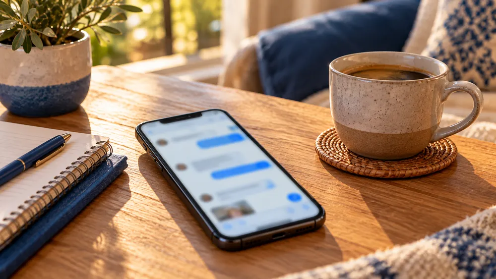 Telemóvel com uma conversa de WhatsApp ao lado de um café